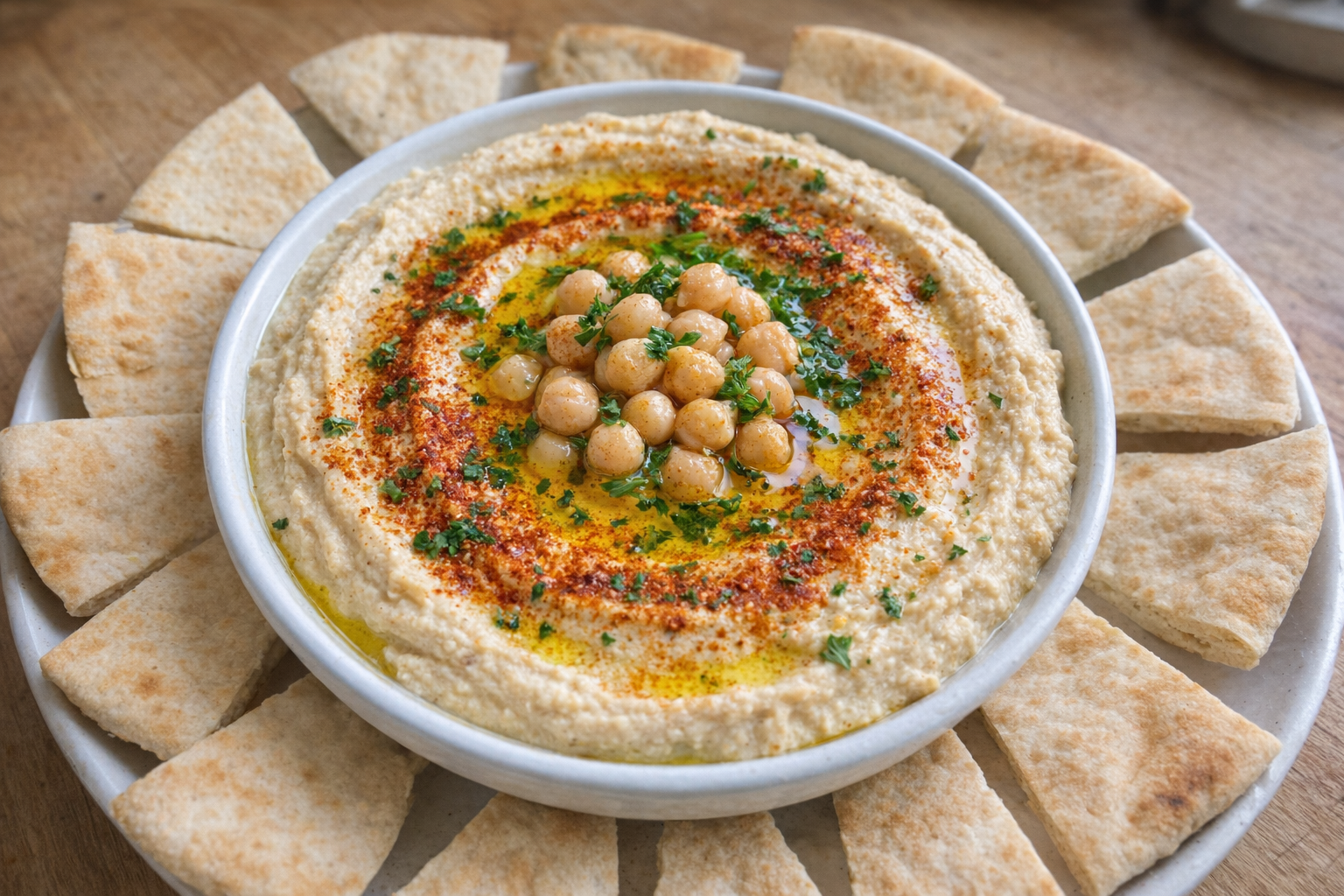 A top-down, brightly lit shot of a bowl of classic hummus, drizzled with olive oil, sprinkled with paprika, and garnished with fresh parsley and whole chickpeas. Pita bread wedges surround the bowl